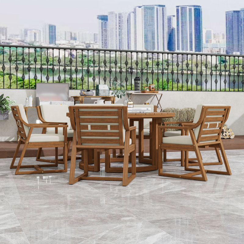 7-Piece Patio Acacia Wood Dining Set for 6, Round Table with Umbrella Hole and 6 Cushioned Chairs, Light Teak