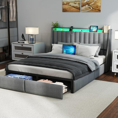 Oneita Upholstered LED Bed Frame with 2 Drawers, Bed with Storage Headboard and Charging Station by Wrought Studio