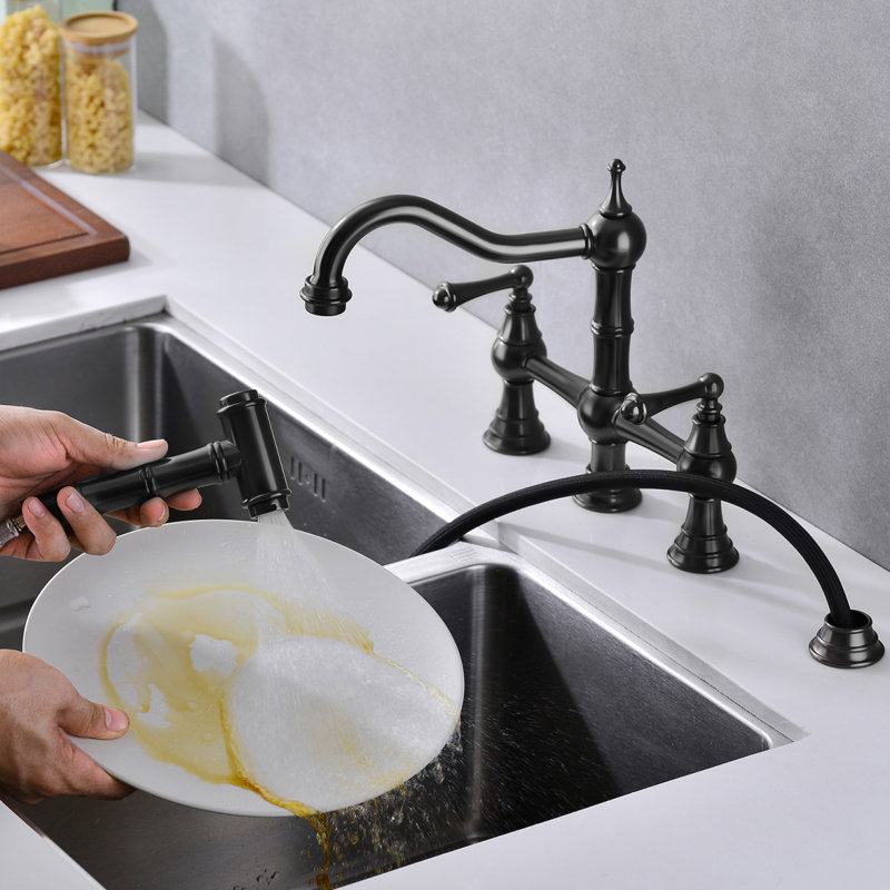 Robinet de cuisine à deux poignées Bridge avec douchette latérale extractible
