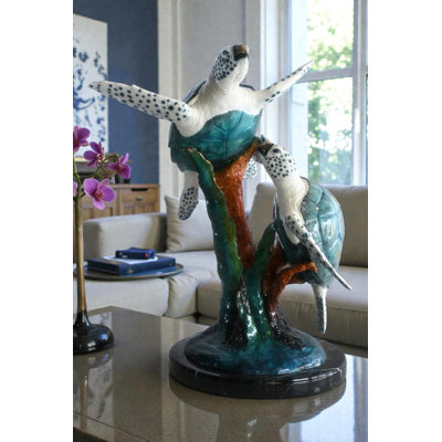 Two Sea Turtles on Coral Reef Bronze Sculpture Teal 17"x18"x33"H