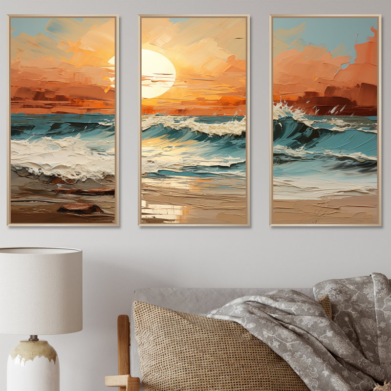 Poff - Ensemble de décoration murale coucher de soleil côtier, H 28 po x l 36 po x P 1 po, Cadre naturel flottant