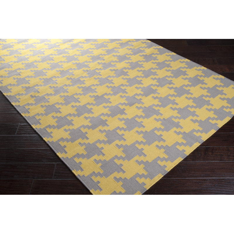 Tapis gris/jaune en laine tissé à plat à la main Araliya, Rectangle 5 pi x 8 pi
