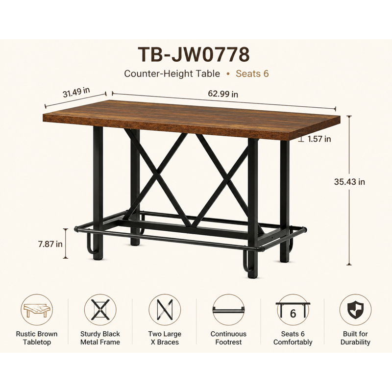 Rustic Pub Bar Counter,Sturdy Bar Table, 35.43"H x 62.99"L x 31.5"W