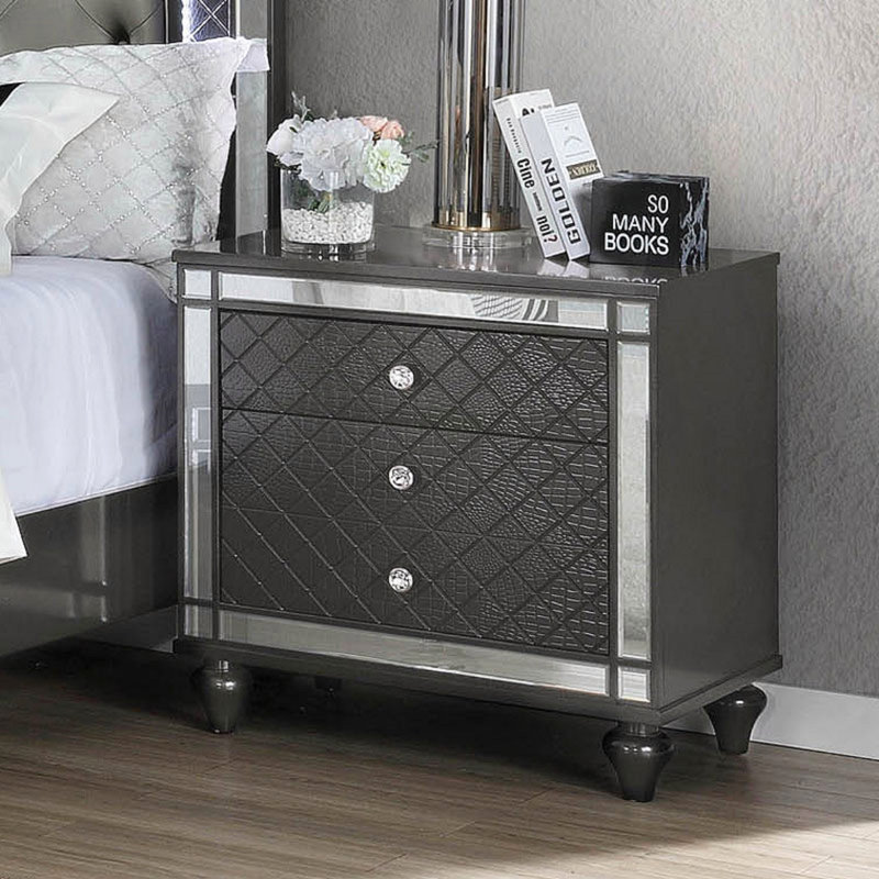 Table de bout de table de chevet 1 tiroir 3 pièces de style contemporain avec placage miroir et pieds fuselés au fini gris