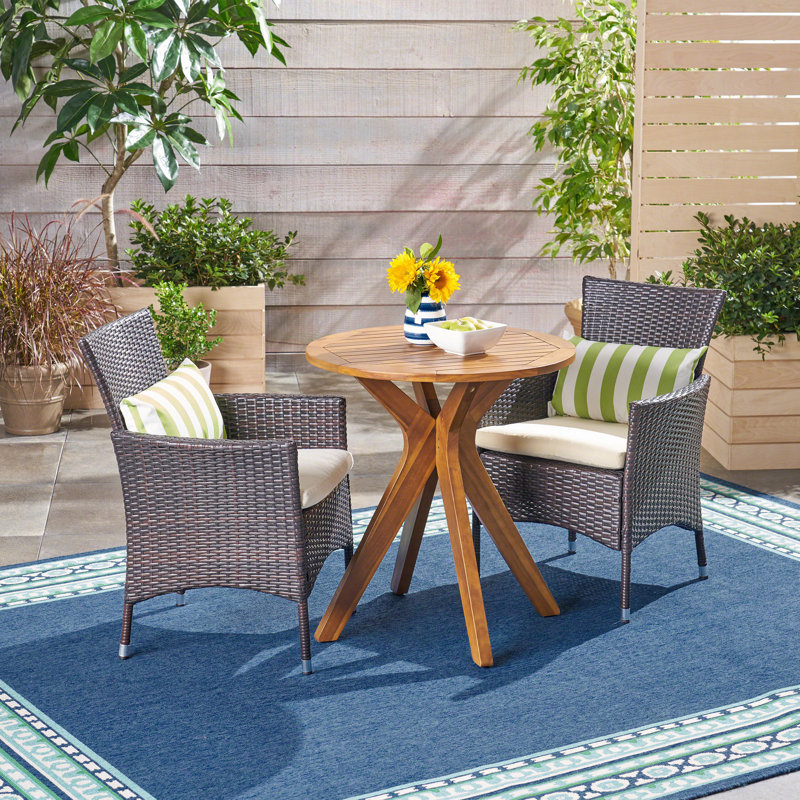 Ensemble bistro 3 pièces avec coussins Breyn, Teck / structure brune / coussin beige