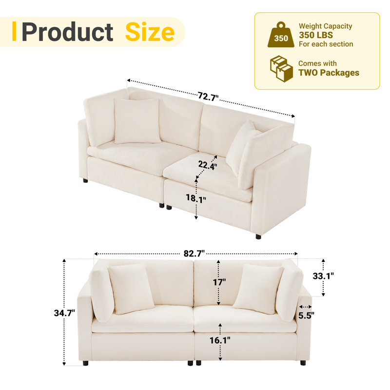 Canapé modulaire surdimensionné à 2 places l 82,7 po, Beige