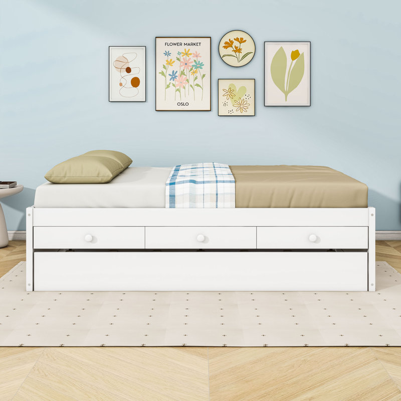 Wood Platform Bed with Pull-Out Trundle and Storage Drawers, Full, White