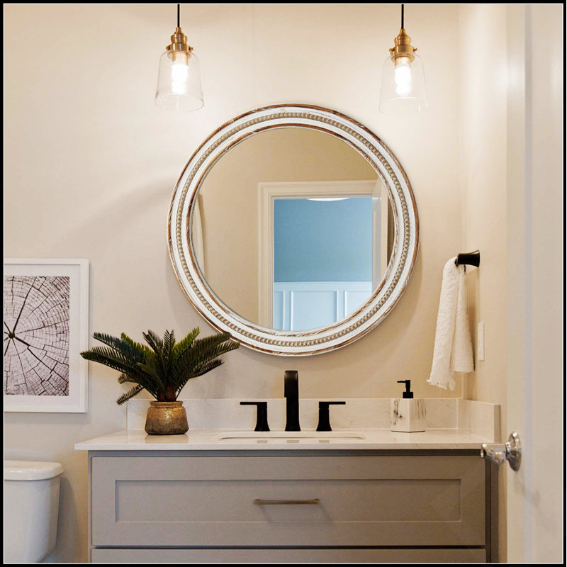 Miroir décoratif rond en bois 23,62 pouces, style maison de campagne rustique avec perles pour la maison et le bureau