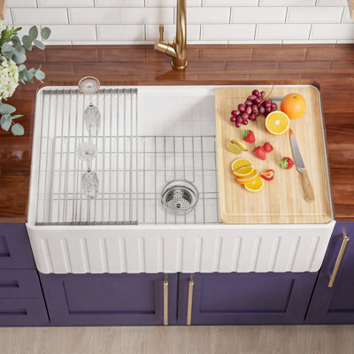 31" L x 18" W Fireclay Apron Front Farmhouse Workstation Sink for Kitchen, Fluted Single Bowl White Farm Sink, Included 4 Custom Accessories