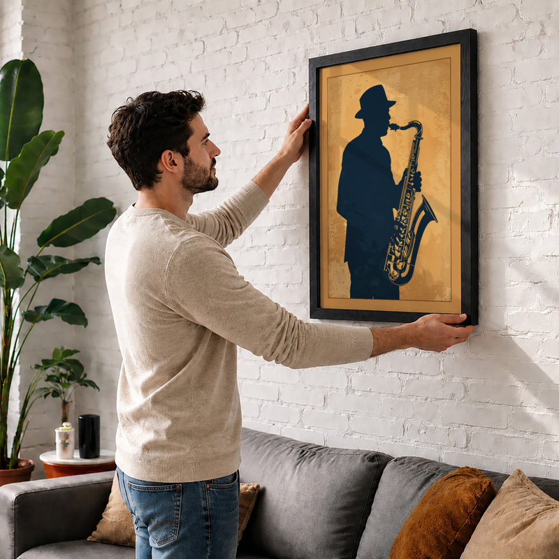 Saxophonist in Profile Retro - Framed Print, Walnut, A1 - 84.1 x 59.4 cm