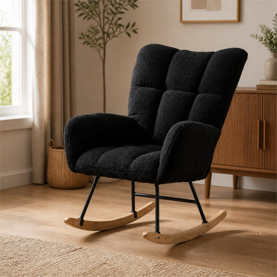 Dark Blue Teddy Fabric Wingback Glider Rocker with Side Storage Pocket, Soft Comfortable Nursing Rocking Chair, Sturdy Safe Solid Wood Base, Multiuse Accent Chair for Nursery & Living Room