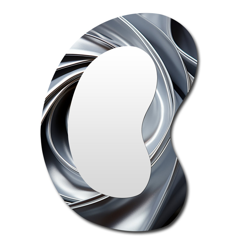Erlingur Grey Spiraling Abstraction - Abstract Spirals Asymmetrical Mirror, Grey Unique Shape Decorative Wall Mirror, Printed Metal Art