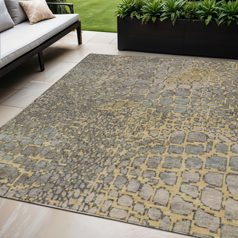 Tapis intérieur lavable abstrait doré et gris 5 pi x 8 pi