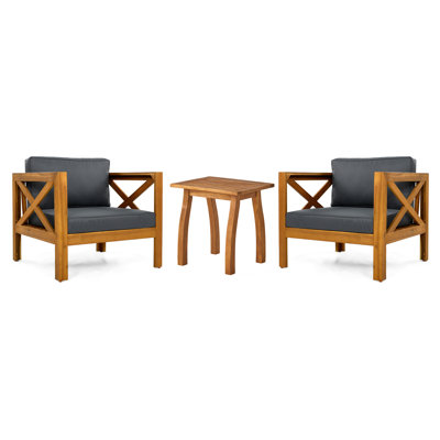 2 Piece Outdoor Patio Conversation Set, Acacia Wood Armchairs with Dark Grey Cushions, Teak Finish End Table