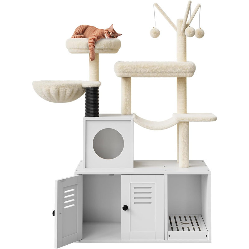 Multi-Level Wooden Cat Tree with Hidden Litter Box Enclosure, Sisal Scratching Posts & Soft Perch