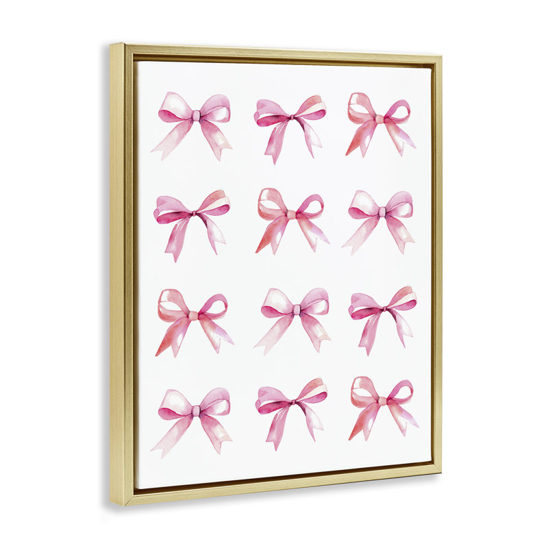 "Pink Bows Rows", art mural sur toile flottante dorée par Daphne Polselli, Cadre flottant métallique doré, H 21 po x l 17 po