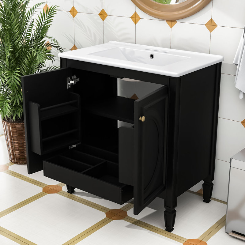 Meuble-lavabo autoportant avec lavabo lisse et tiroir fonctionnel, Noir