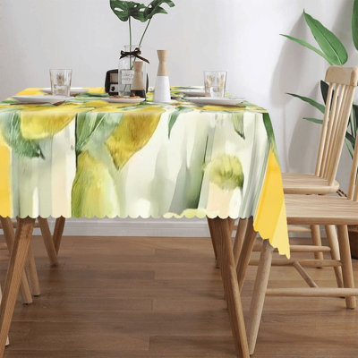Vase aquarelle citron sur tissu écossais à bordure festonnée 60 x 120 po pour table de jardin rectangulaire