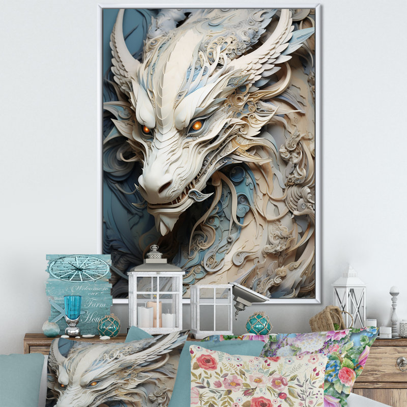 «Epic Blue and Grey Dragon Odyssey I», reproduction encadrée, H 32 po x l 16 po x P 1 po, Cadre flottant blanc