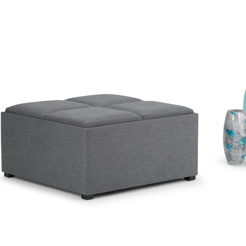 Avalon 35"W Upholstered Linen-Look Fabric Modern Square Coffee Table Storage Ottoman with 4 Flip-Over Trays, Slate Gray