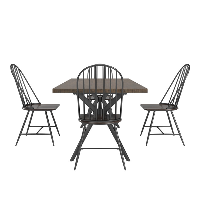 Drayten 70" Iron Gray Metal Base Dining Table And Two-Tone Spindle Windsor Dining Chairs Set, Brown/Black, Gray