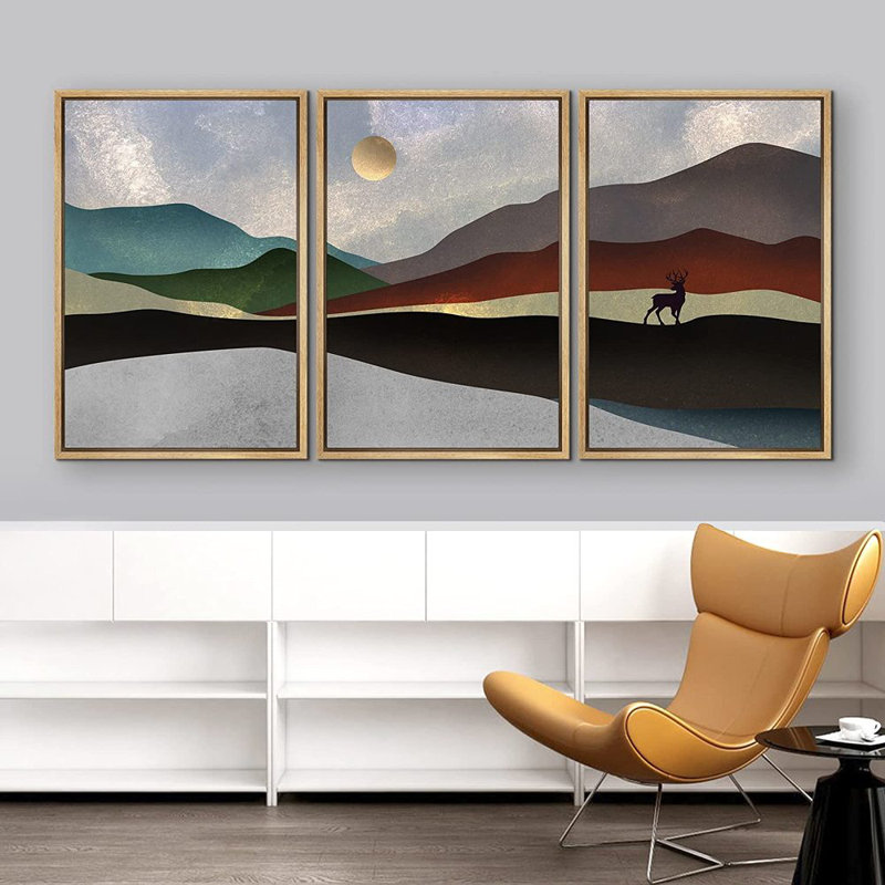 «Abstract Landscape Mountain Range Waves», peinture sur toile flottante 3 pièces, H 36 po x l 72 po, Encadrement brun