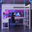 Lit mezzanine double en bois massif avec bureau, éclairage à DEL, station de charge et rangement pour enfants et adolescents, style moderne blanc