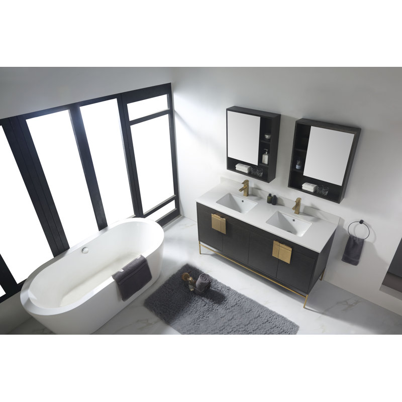 Ensemble de meuble-lavabo double 60 po Tortola, Laiton satiné, Chêne noir à grain droit