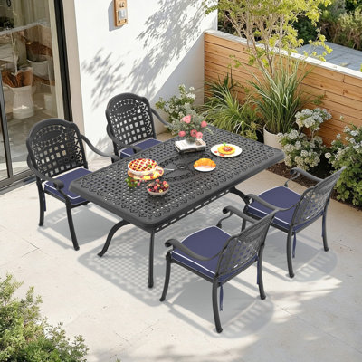 5-Piece Cast Aluminum Patio Dining Set,66.93"L Rectangle Table with Umbrella Hole & 4 Stackable Chairs with Blue Cushions