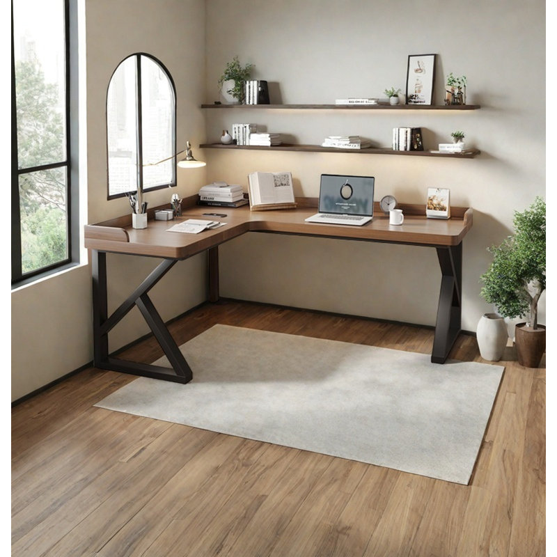 Bureau d'écriture en L en bois massif avec base en métal, H 29,53 po x l 62,99 po x P 55,12 po