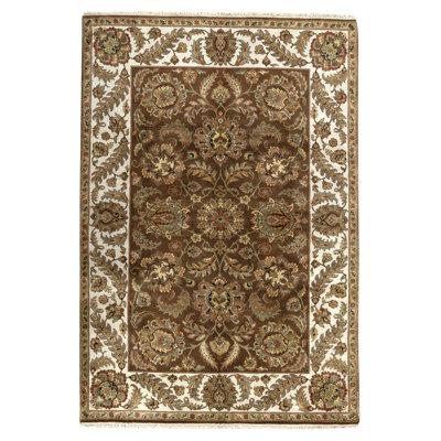 Hand Knotted Wool Oriental Area Rug in Brown And Ivory