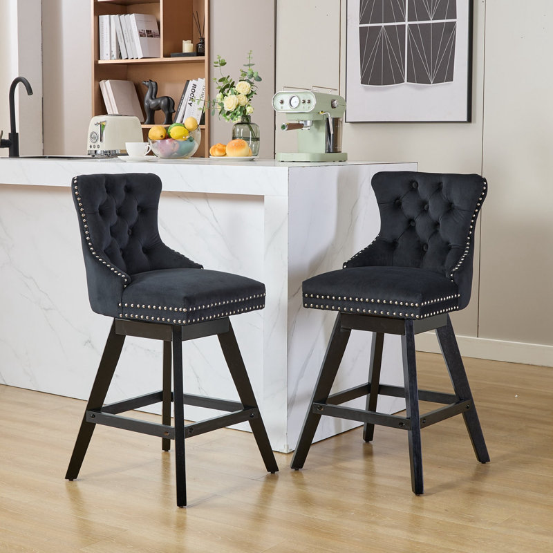 Swivel Velvet Barstools Set Of 2 With Button Tufted Decoration And Wooden Legs, Black