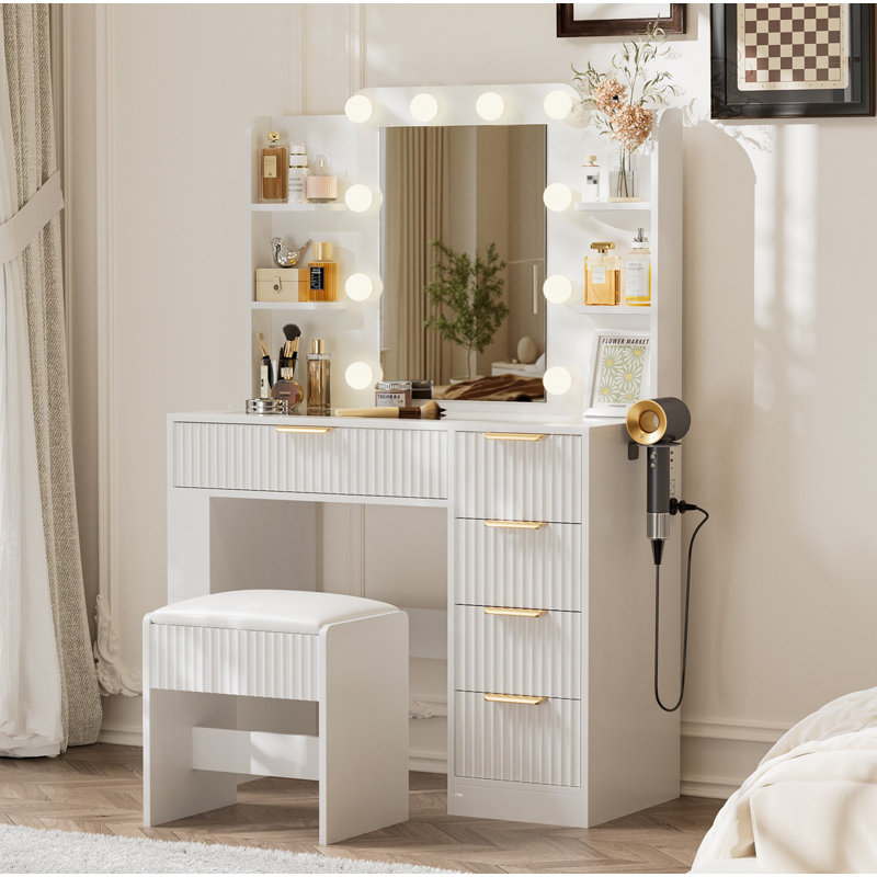 Vanity Table with Mirror and Lights, Vanity Desk and Cushioned Stool Set with Charging Station, Storage Drawers and Transparent Tabletop for Bedroom, White