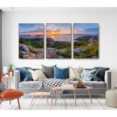 Sunset in Acadia National Park Posters Set of 3 Extra Large Watercolor Prints, Mountains