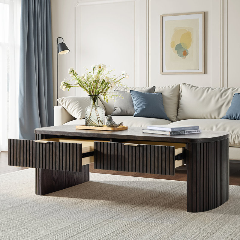 Kaybri Filipo Modern 46.5"W Fluted Solid Wood OAK Coffee Table with Storage, Black