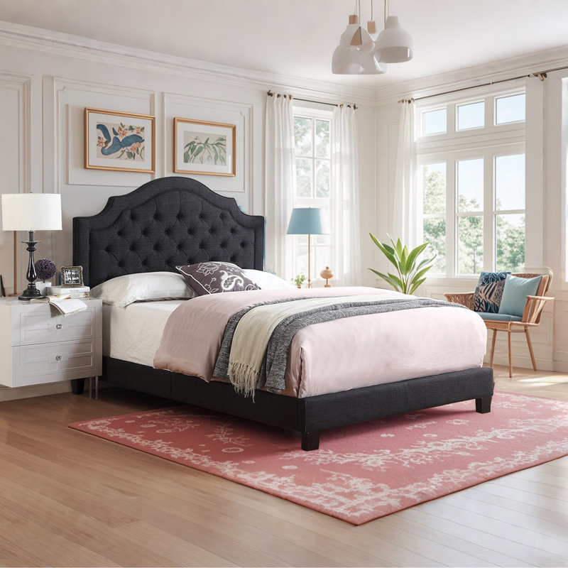 Linen Upholstered Bed with Adjustable Headboard and Button Tufting, Full, Black