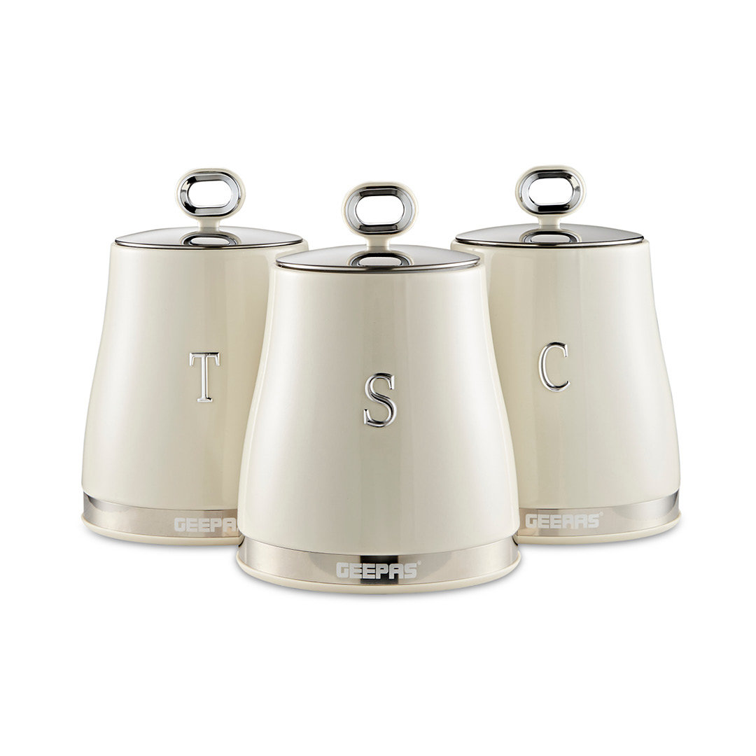 GEEPAS Retrovive 3-Piece Tea Coffee Sugar Canisters Set | 1.4L Airtight Stainless Steel Lids & Durable Carbon Steel Body | Kitchen Storage Canisters K