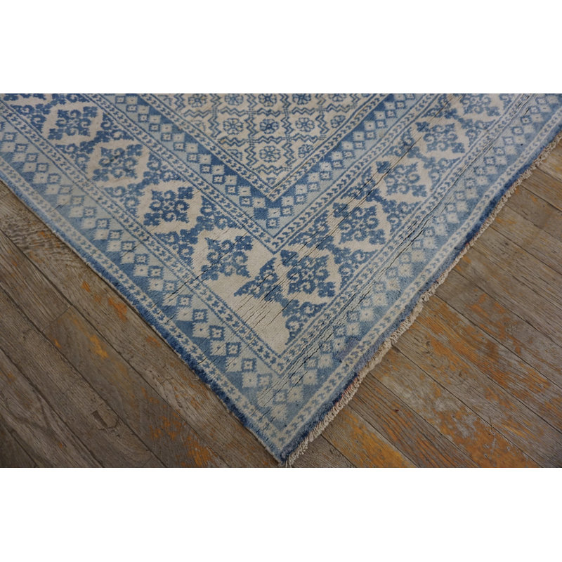 Small Allover Geometric White Blue Color Antique Cotton Pile Indian Agra Rug