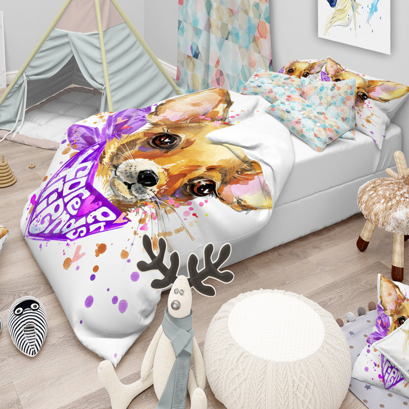 Cute Puppy Dog with Purple Neck Shawl Microfiber Duvet Cover Set