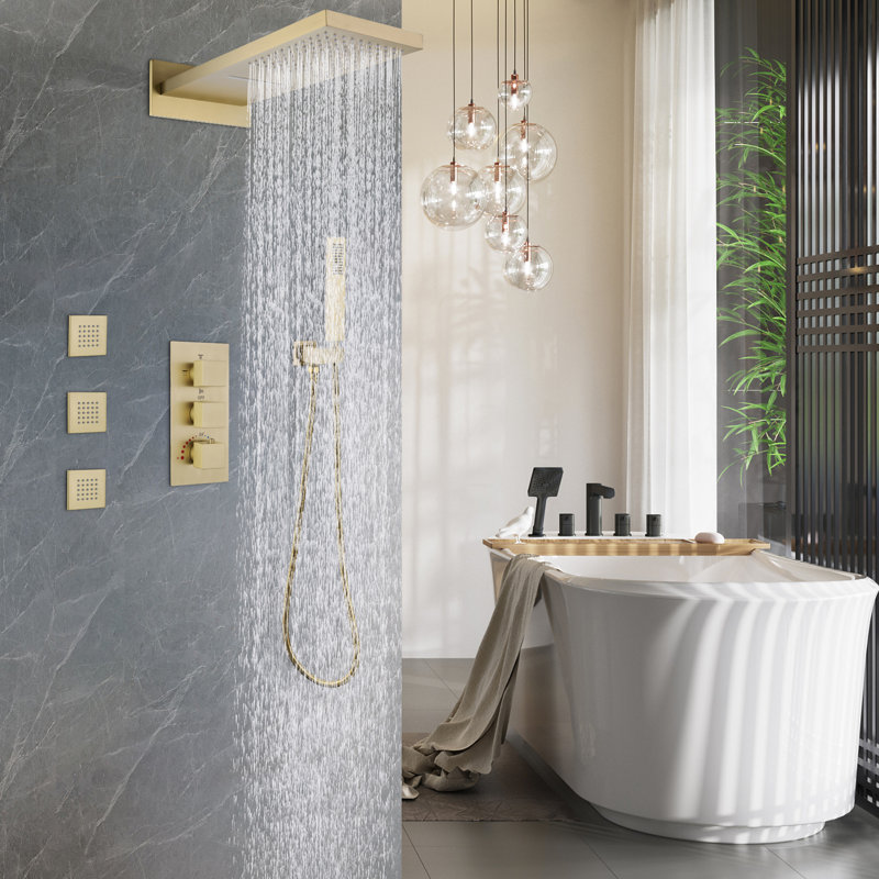 Thermostatic All-In-One Kit with Rough in-Valve,  Brushed Gold