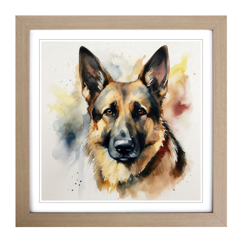 German Shepherd Watercolour - Single Picture Frame Print on Wood, Oak