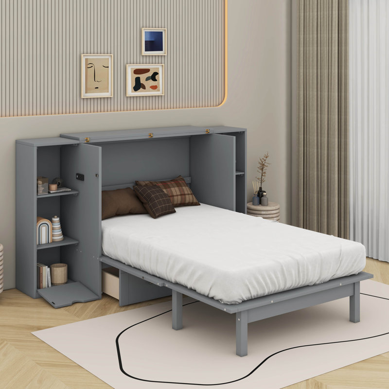 Grand lit escamotable avec tablettes, tiroirs et port USB, Gris