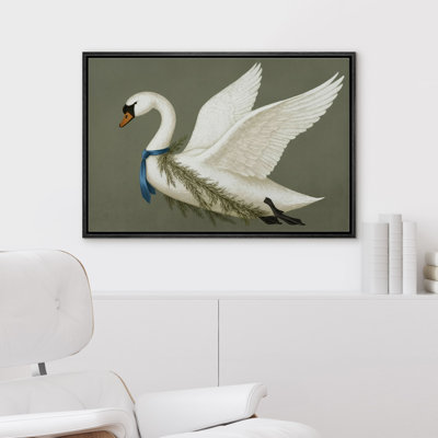 Elegant White Swan With Blue Ribbon and Evergreen Branch Framed Canvas Master Bedroom Wall Art Work Print