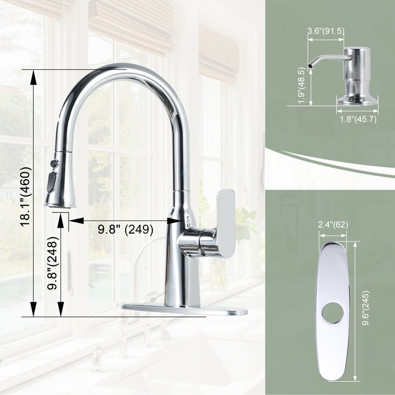 Stainless Steel 3-function Single Handle Pull Down Kitchen Faucet With Deck Plate And Soap Dispenser, Polished Chrome