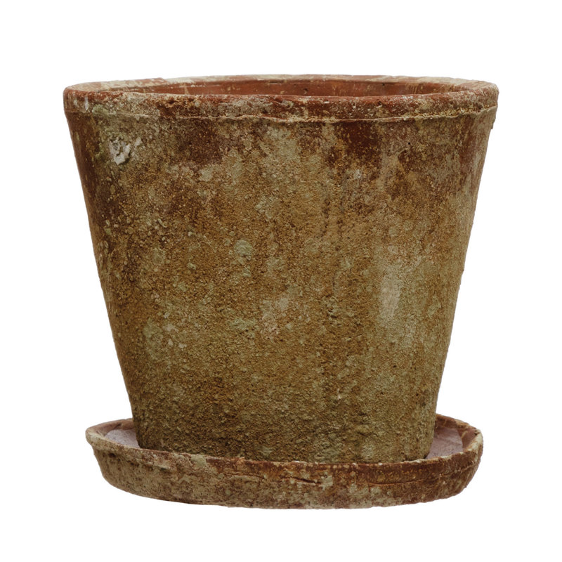Hillengas Round Cement Planter with Saucer and Distressed Finish, 9.25" H x 9.63" W x 9.63" D