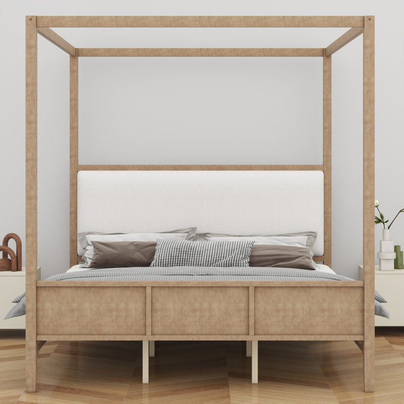 Lit plateforme élégant à baldaquin, lit en bois massif avec tête de lit tapissier confortable, Très grand lit, Natural Walnut