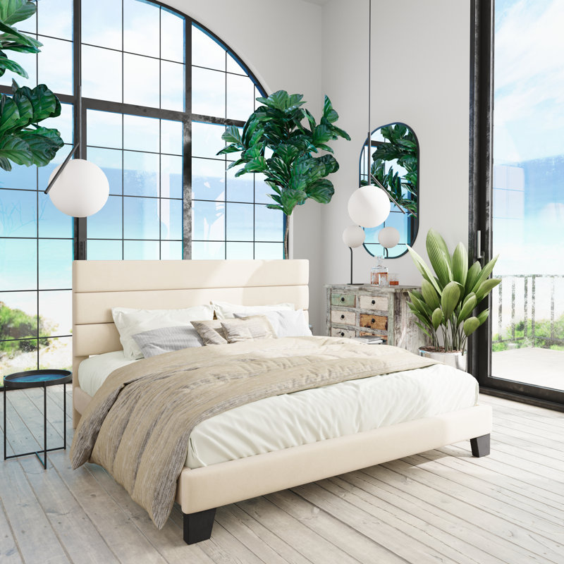 Lit plateforme Elison avec tête de lit tapissier en tissu et lattes en bois, Grand, Crème