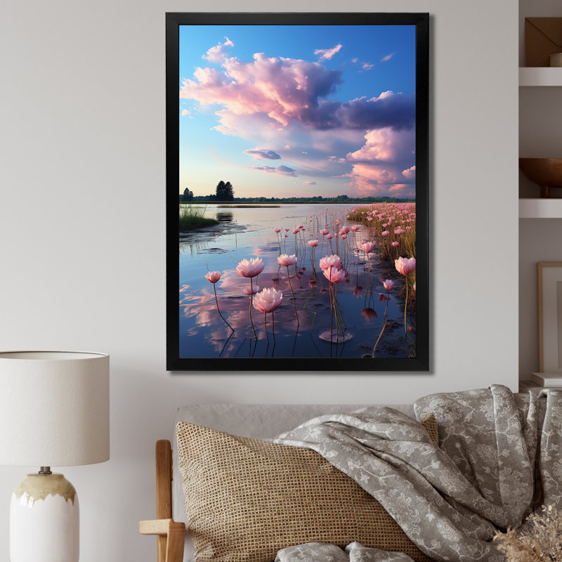 «Pink Blue Sky Celestial Beauty Mute II», impressions sur toile florales, Cadre photo noir, H 40 po x l 30 po x P 1,5 po
