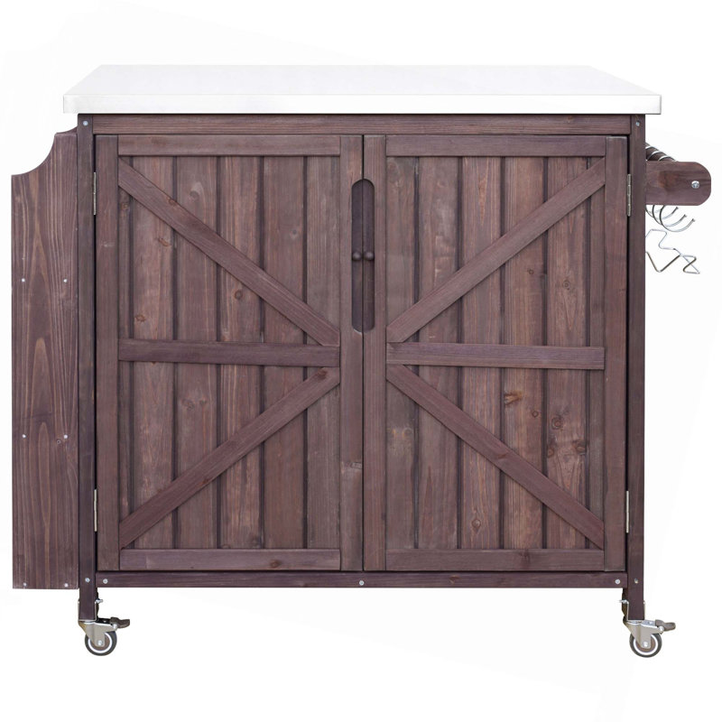 42.1" Outdoor Kitchen Island With Side Shelf, Stainless Steel Top, Adjustable Shelf & 4 Wheels, Dark Brown