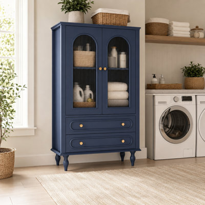 46.5" Freestanding Bathroom Linen Cabinet with Ribbed Glass Doors and 2 Drawers